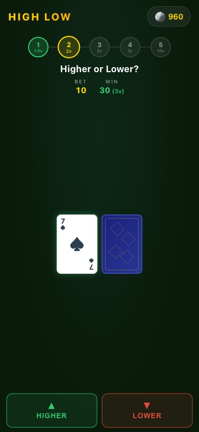 Red O Black Stage 2: Higher or Lower? A revealed 7 of Spades next to a face-down card with HIGHER and LOWER buttons