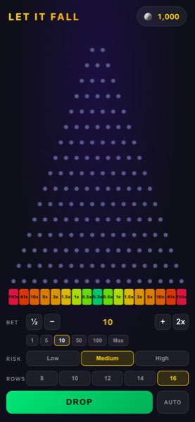 Let It Fall plinko board showing pegs arranged in a triangle with rainbow multiplier buckets at the bottom, bet controls, and risk level selector
