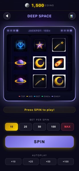 Spinny Now Deep Space themed slot machine gameplay screen with cosmic symbols on reels and bet controls