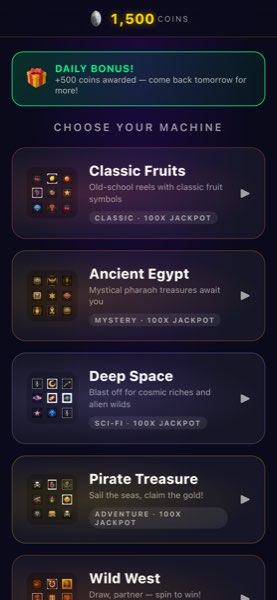 Spinny Now lobby screen showing five themed slot machine worlds: Classic Fruits, Ancient Egypt, Deep Space, Pirate Treasure, and Wild West